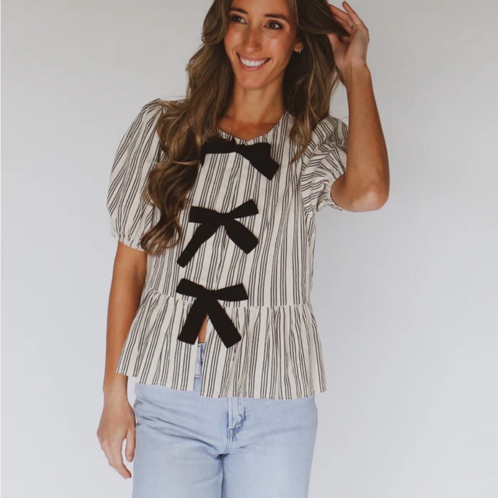 Striped Peplum Top with Bow Accents - Black & White
